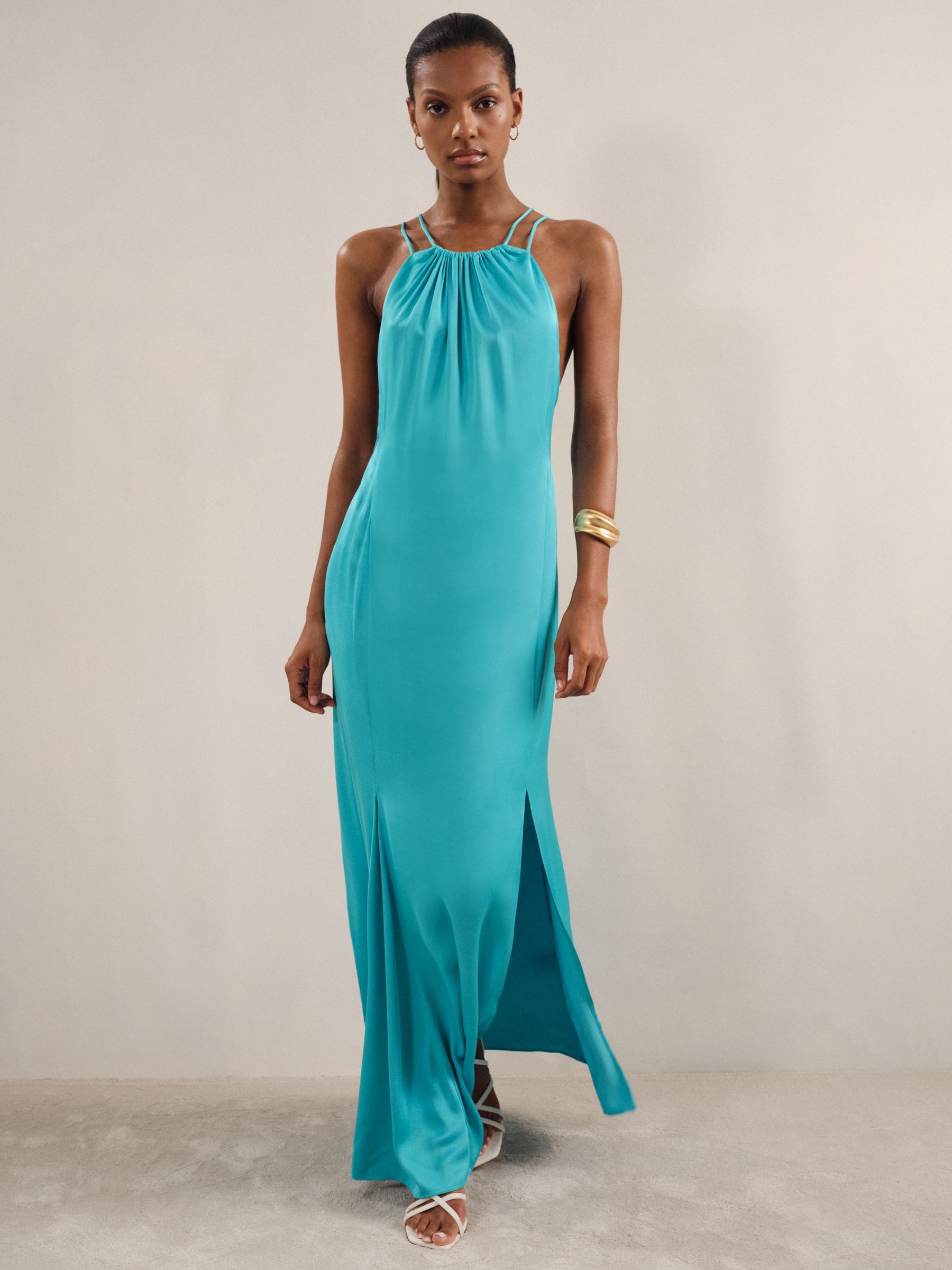Satin Halterneck Maxi Dress in Blue 3