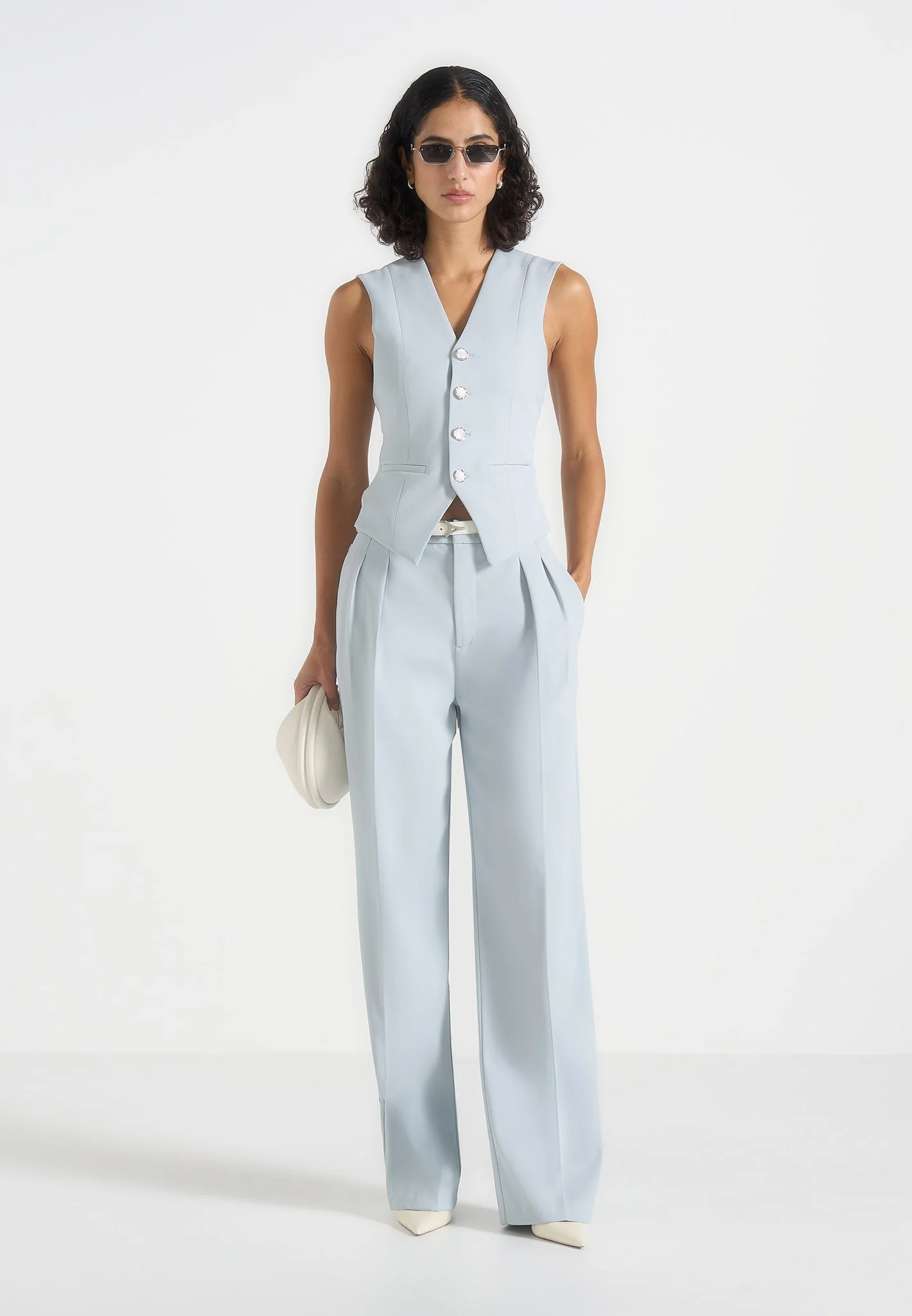 Julie in Pale Blue Tailored Twin Pleat Pants 2
