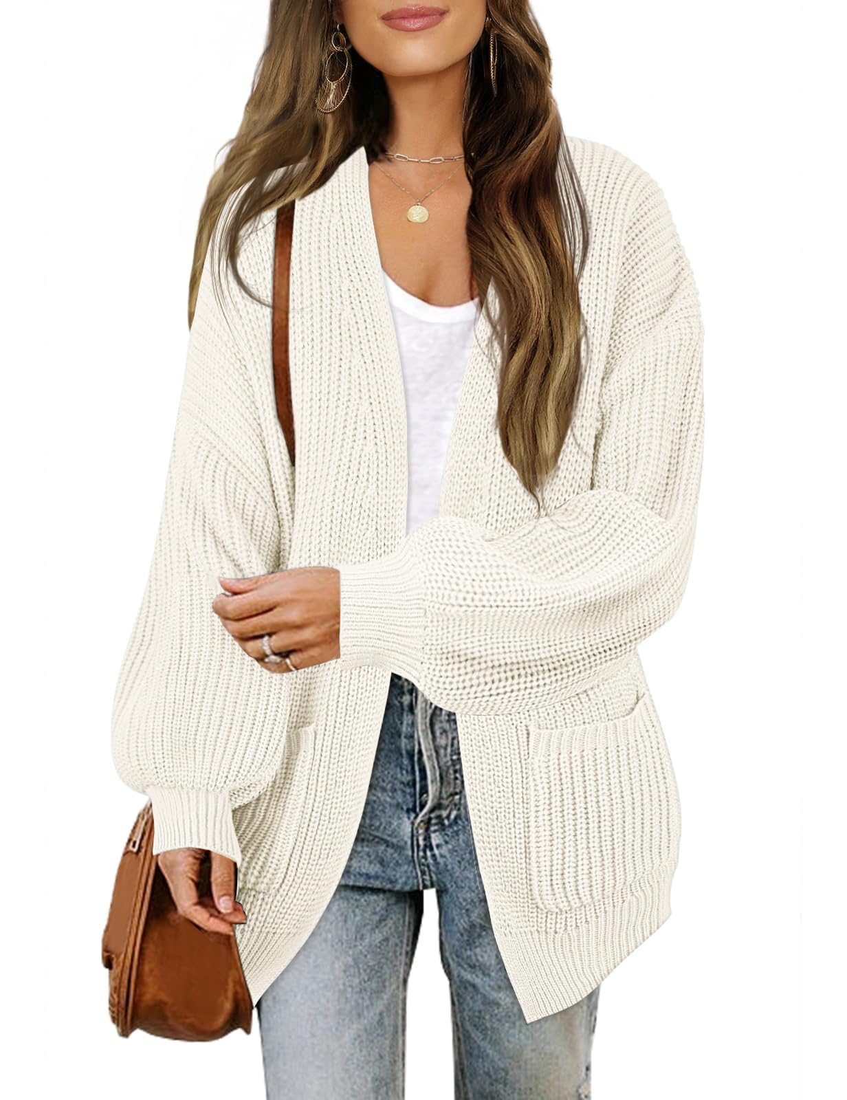 MEROKEETY Women's Chunky Cardigan Sweaters 2025 Lantern Long Sleeve Oversized Knit Outerwear with Pockets 1