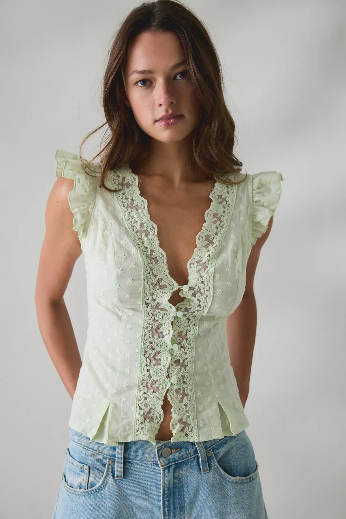 Kimchi Blue Aurelia Lace Trim Flutter Sleeve Blouse 2