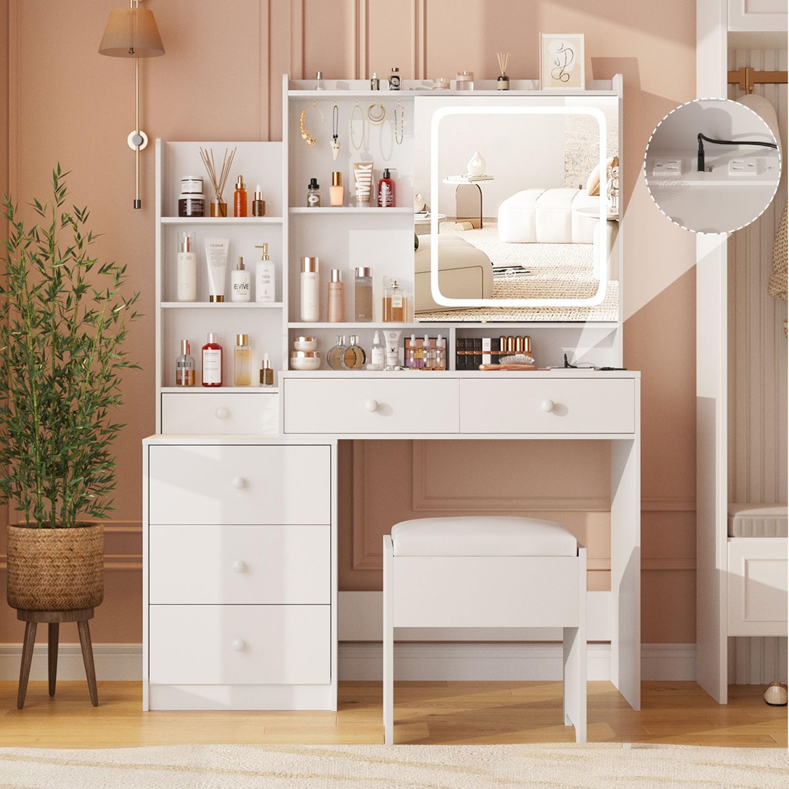 Vabches Vanity Makeup Mirror Desk with Stool, Makeup Vanity Set with 6 Drawers and Shelves, Vanity Table with Power Strip, Vanity Mirror 3 Lighting Color Adjustable, White 3
